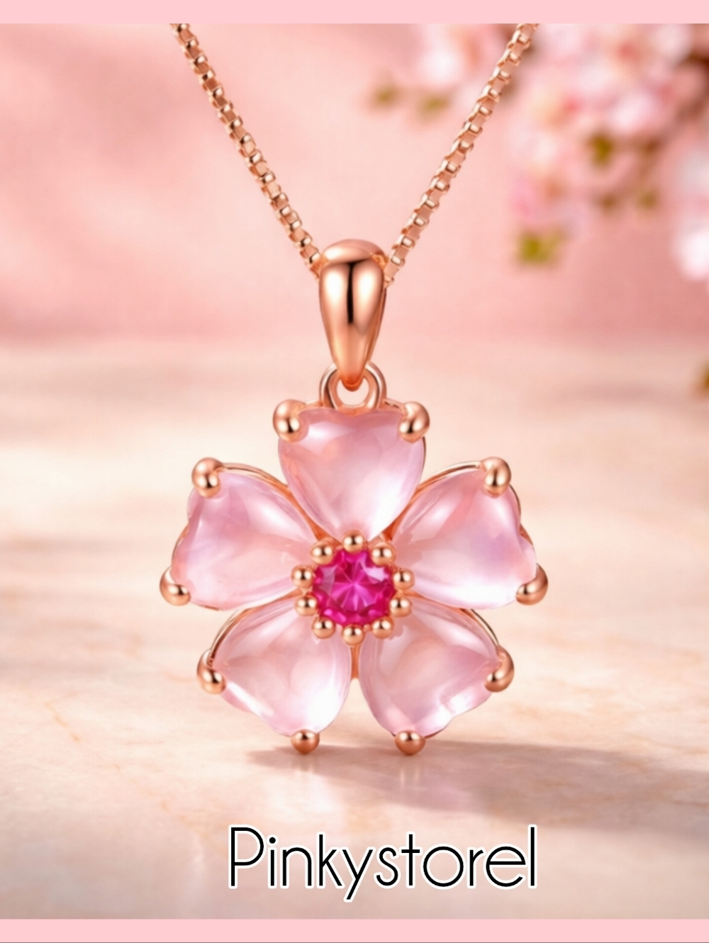 Rose Gold Pink Flower Pendant Necklace with Pink Center